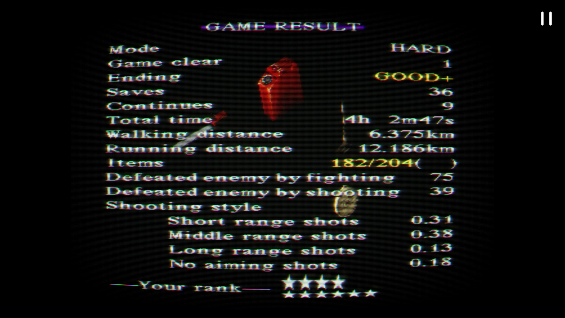 The end-of-game results screen from Silent Hill for the Playstation. It shows that I got the "GOOD+" ending but earned only four stars out of ten. Oh well :3